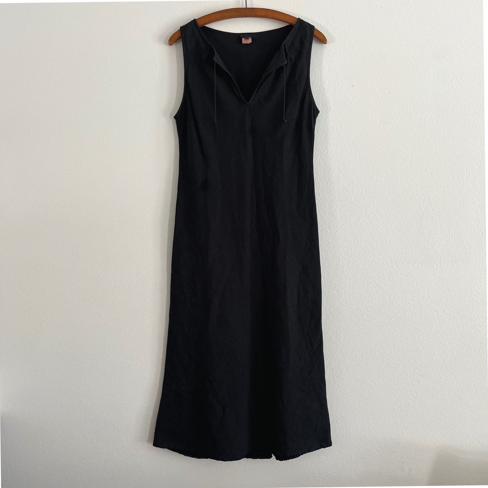 100% Linen Long A-Line V-Neck Dress Small